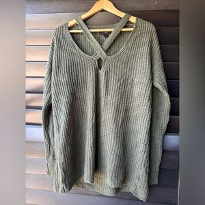 Questions Women's Large Olive Green Knit Sweater Criss Cross Neck